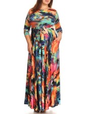 Plus Size Boho Fit Flare Belted Maxi Dress Orange Blue Pink Abstract Art  