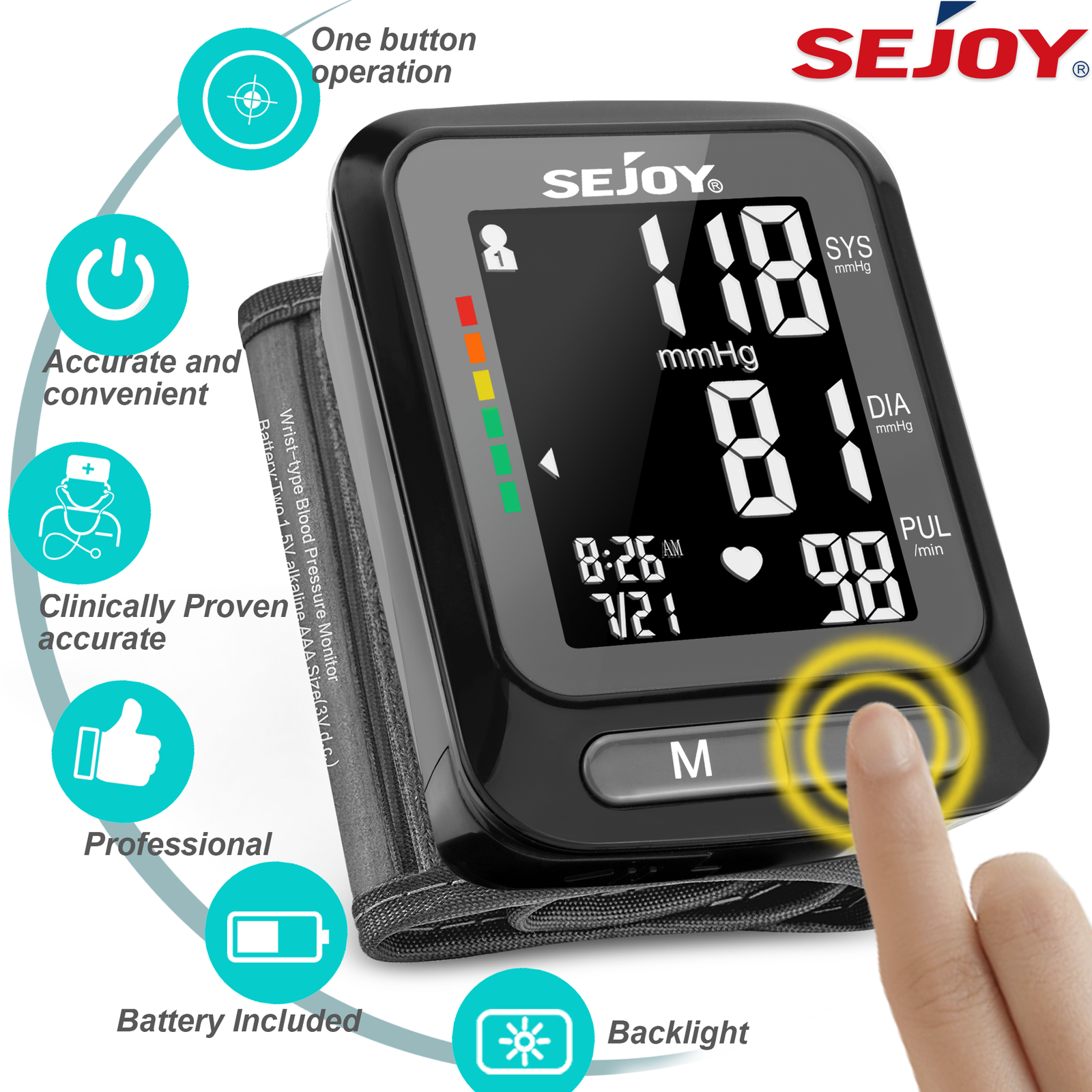 SEJOY Wrist Blood Pressure Monitor Heart Rate Monitor Cuff BP Machine