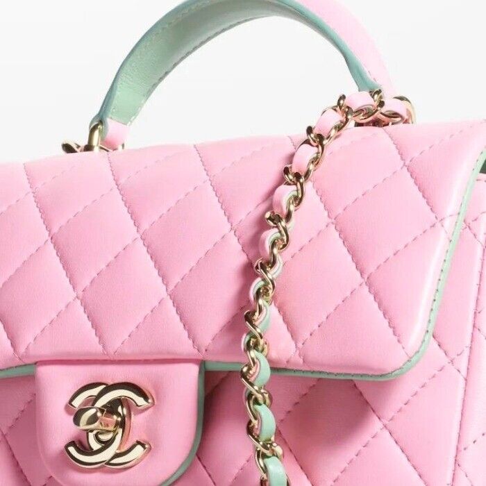 Chanel Rectangular Mini Flap Bag with Top Handle Pink Lambskin Light Gold  Hardware