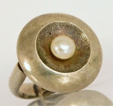 VINTAGE BEAUTIFUL STERLING SILVER MODERNIST ARTISAN SIGNED BM  PEARL RING S6.25