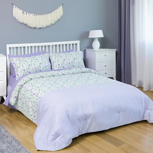 Comforter Set, 7 Pcs Bed in a Bag, Floral Soft Queen Purple Botanical