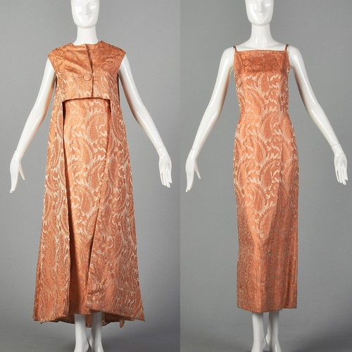 S 1960s Coral Dress Set Pink Paisley Brocade Long Maxi Vest Evening Gown 60s VTG - Afbeelding 1 van 10