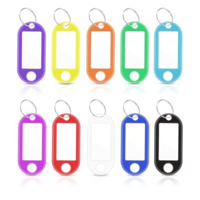 50 Pack Plastic Key Tags with Blank Paper Labels & Transparent Window & Split 