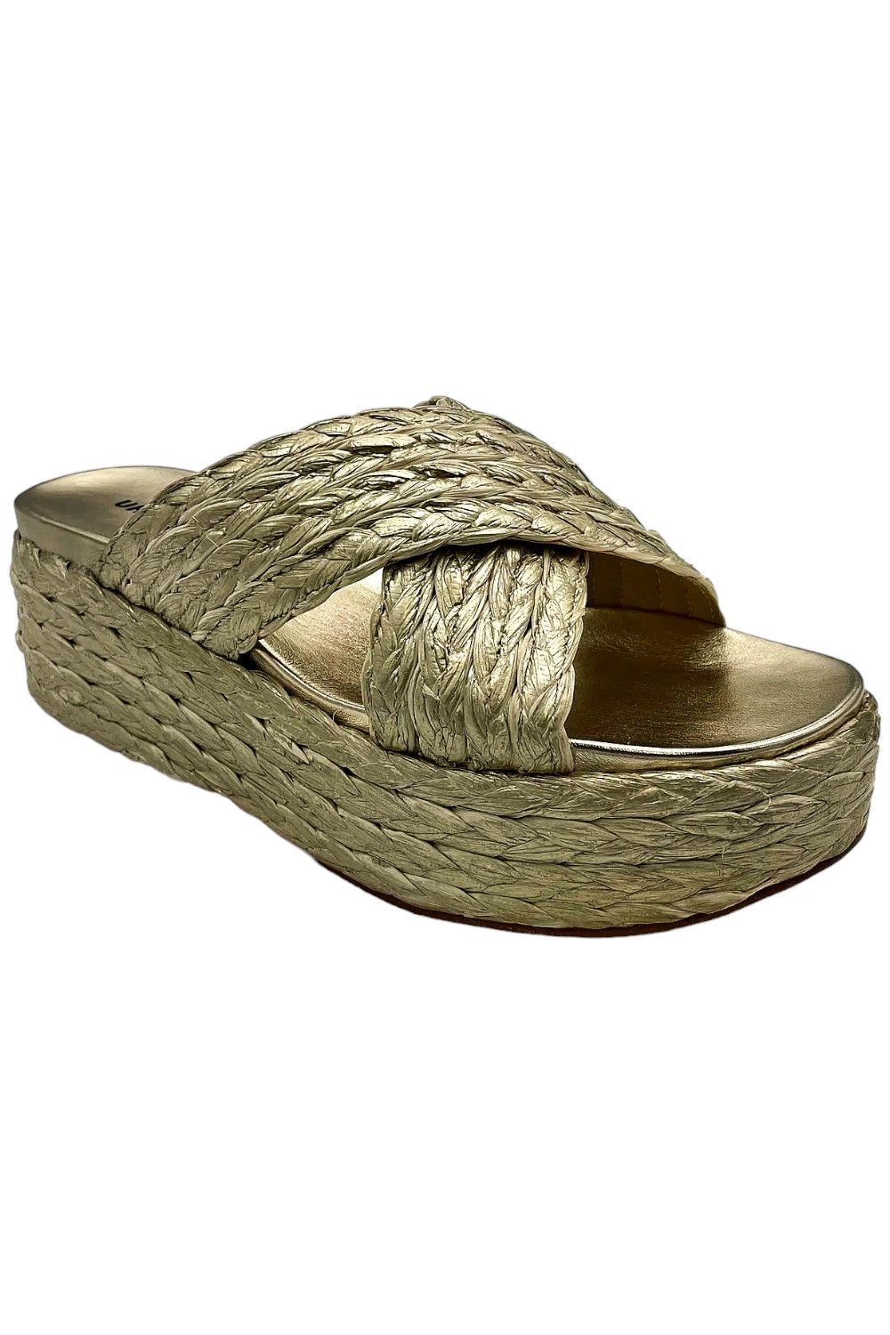 Городские спортивные женские босоножки Quinci из рафии на платформе и танкетке светло-золотистого цвета