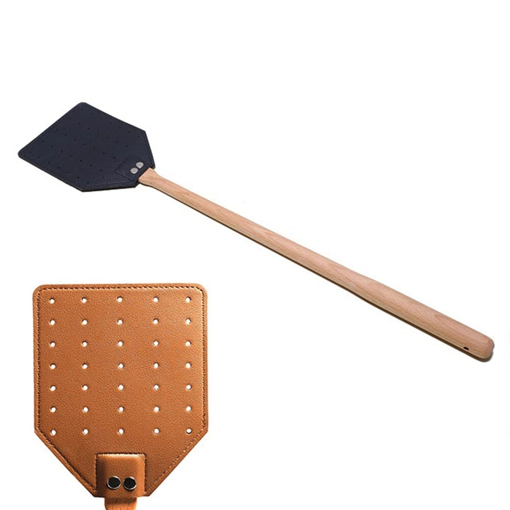 1 Pcs Leather Fly Swatter Brown Black With Beech Wood Long Handle