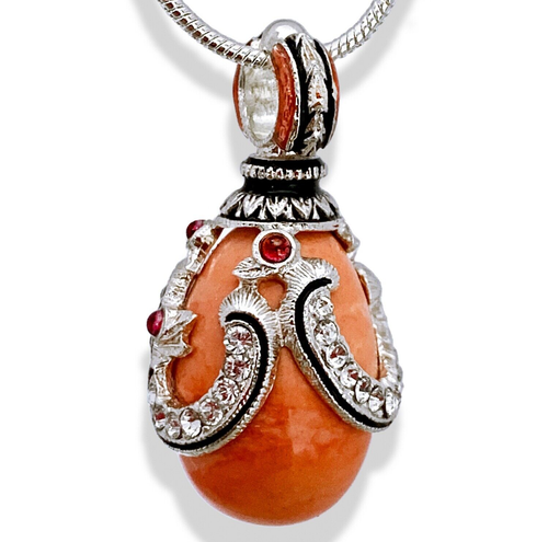 Sterling Silver Coral Faberge Egg Pendant Swarovski Crystals Genuine Garnet 24" - Picture 1 of 14