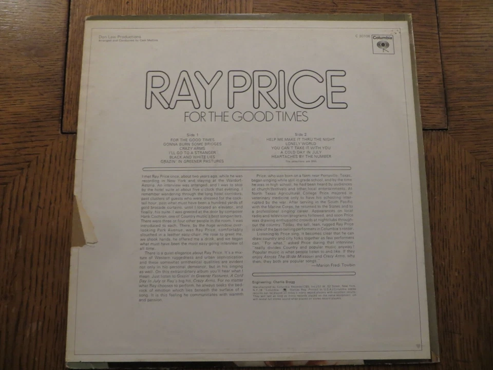 Ray Price – For The Good Times - 1970 - Columbia C 30106 Vinyl LP G+/VG - Image 2 of 4