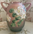 Vintage Roseville USA Pottery WHITE ROSE Pink Handled Vase #979-6