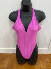 READ! Luli Fama Size M/L Pink Gold Embellishment VNeck Halter One Piece Swimsuit