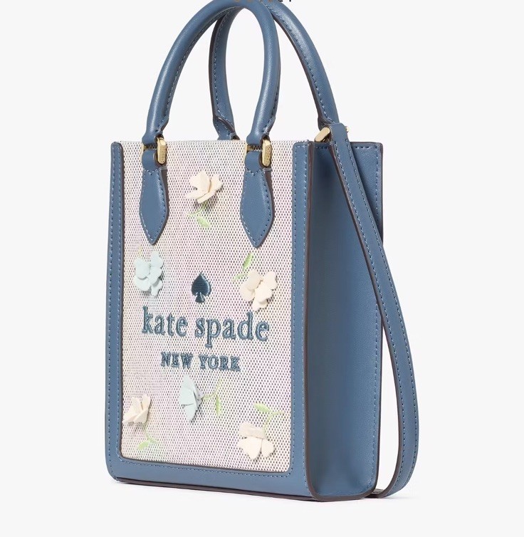 KATE SPADE フローラルアップリケシェニールミニトート Kate Spade Ellie Floral Applique Mini Tote Blue Canvas 3D