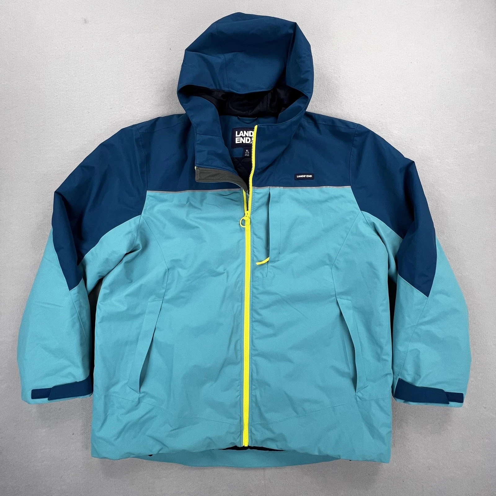 Lands End Jacket Mens XL Blue Teal Insulated Hooded Nylon Winter Coat Parka