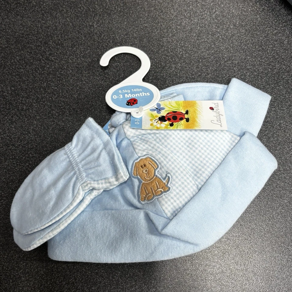 Conjunto de sombrero y manopla para bebé Ladybird nuevo con etiquetas talla 0-3 meses recién nacido 0-3M diseño de perro azul Foto 3 de 4