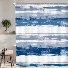 Abstract Navy Blue Shower Curtain Modern Grey Striped Geometric 60x72 Inch