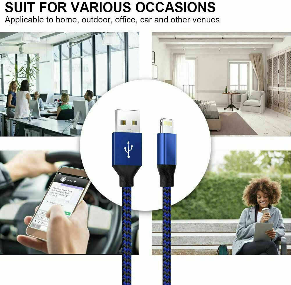 5 Pack Of Heavy Duty 10ft Charging Cables For IPhone 13, 12, 11, Plus Models - Nylon Braided & Durable