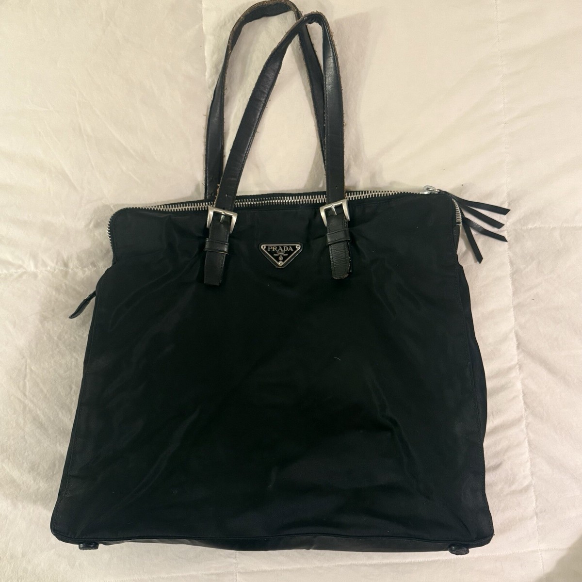バッグ PRADA TESSUTO NYLON LOGO TOTE HAND BAG Prada Black Tessuto Nylon Leather Trim Metal Triangle Logo Tote