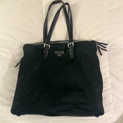 Prada Black Tessuto Nylon Leather Trim Metal Triangle Logo Tote