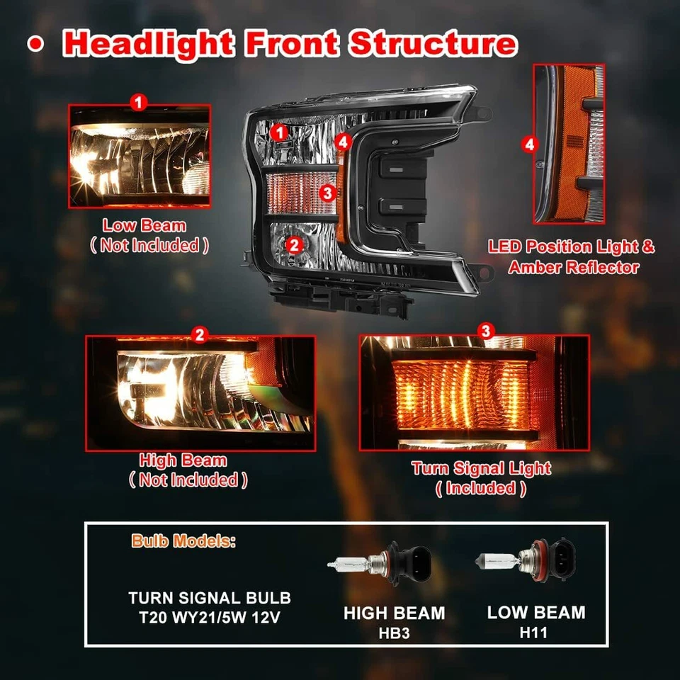 For 2018 2019 2020 Ford F150 Headlights Halogen Headlamps Black Clear Pair LH+RH - Изображение 2 из 4