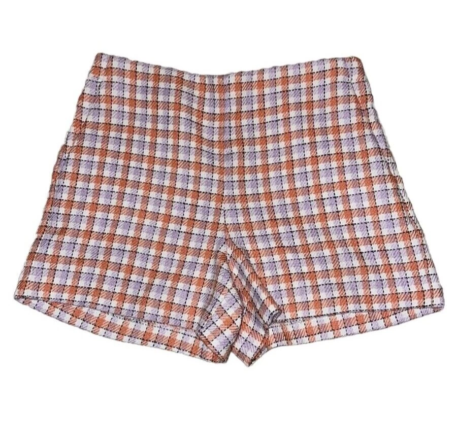 Ann Taylor The Plaid Side Zip Short Orange Lilac Size 8