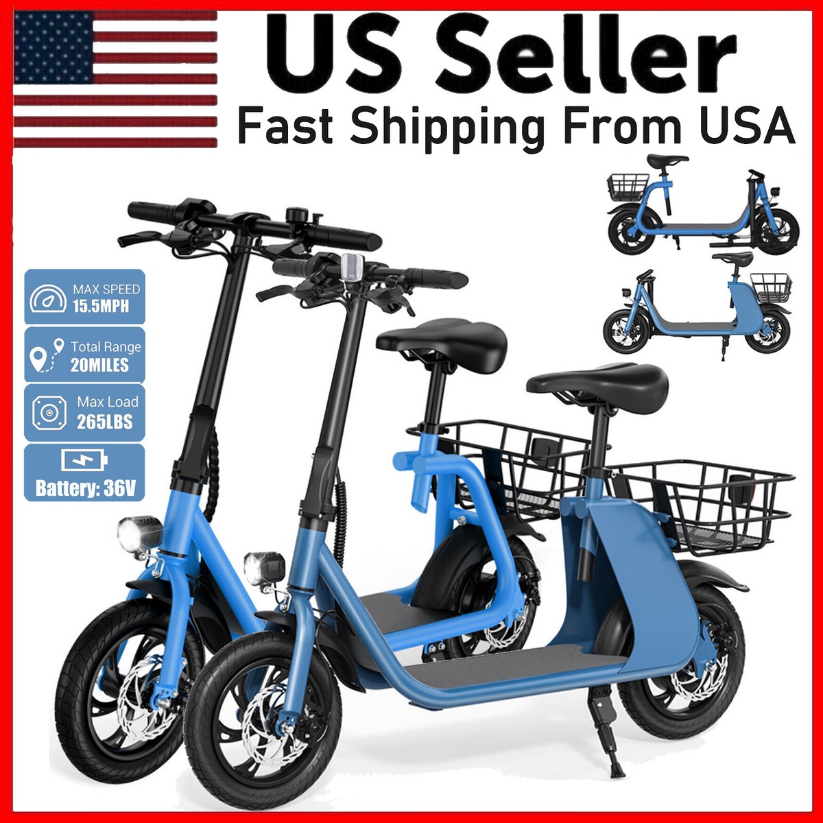 Electric Scooter w/ Seat Electric Moped for Adult Commuter