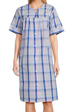 Nwt Miss Elaine Blue Plaid SEERSUCKER Snap House Dress Lounge Nightgown Robe L