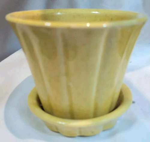 Vintage Mccoy 30's Porcelain Tulip Yellow Pottery Planter W/tray