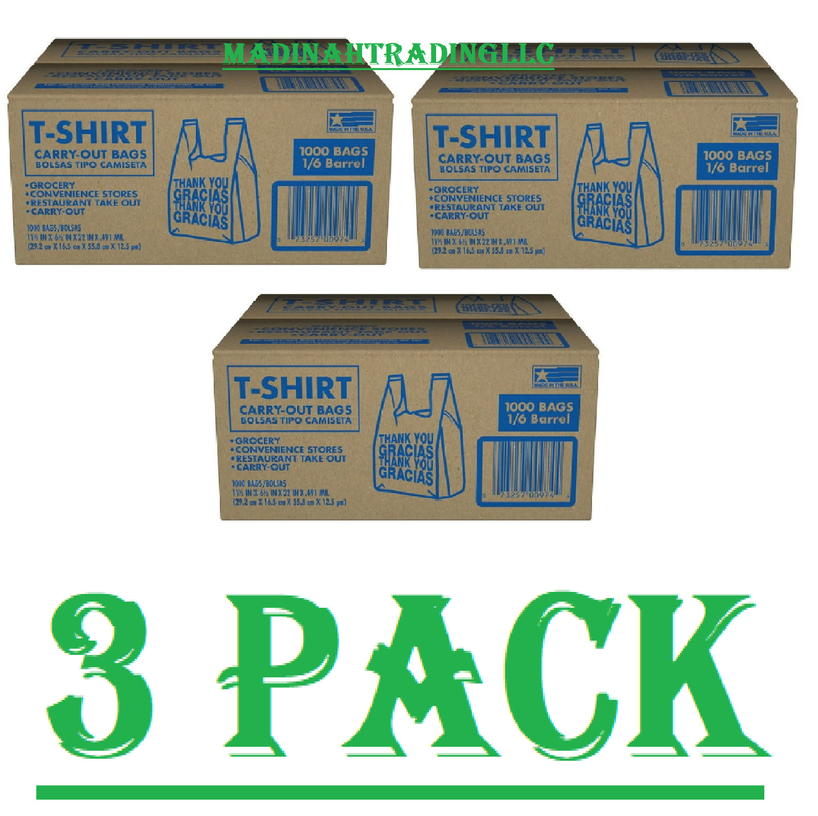 3 Pack T-Shirt Carry-Out Bags, 11.5" x 6.5" x 22" (1000 ct.)