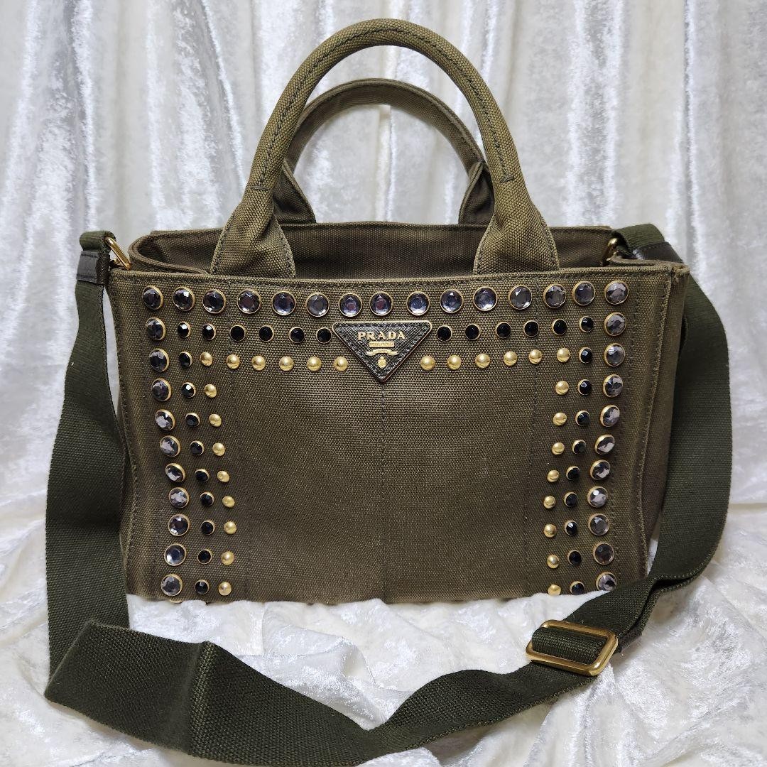 PRADA Tote Bag Canapa Bijou Shoulder Bag khaki Canvas Women W/Guarantee Card JP thumbnail 2