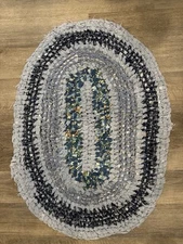 Hand-Made Crocheted Rag Blue Navy Oval Round Soft Farmhouse Homestead Accent Rug