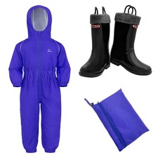 ZORAX Blue Kids Rainproof Rain Suit Overalls Puddle Suit & Boots With Handles