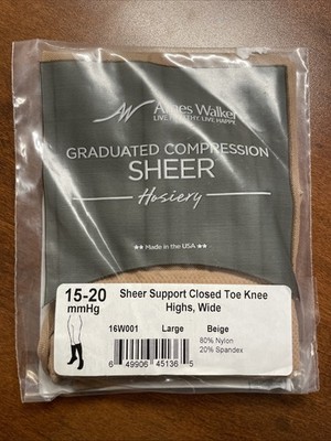 Ames Walker Large Sheer Support Closed Toe Knee Highs Wide 15-20mmHg Beige NEW