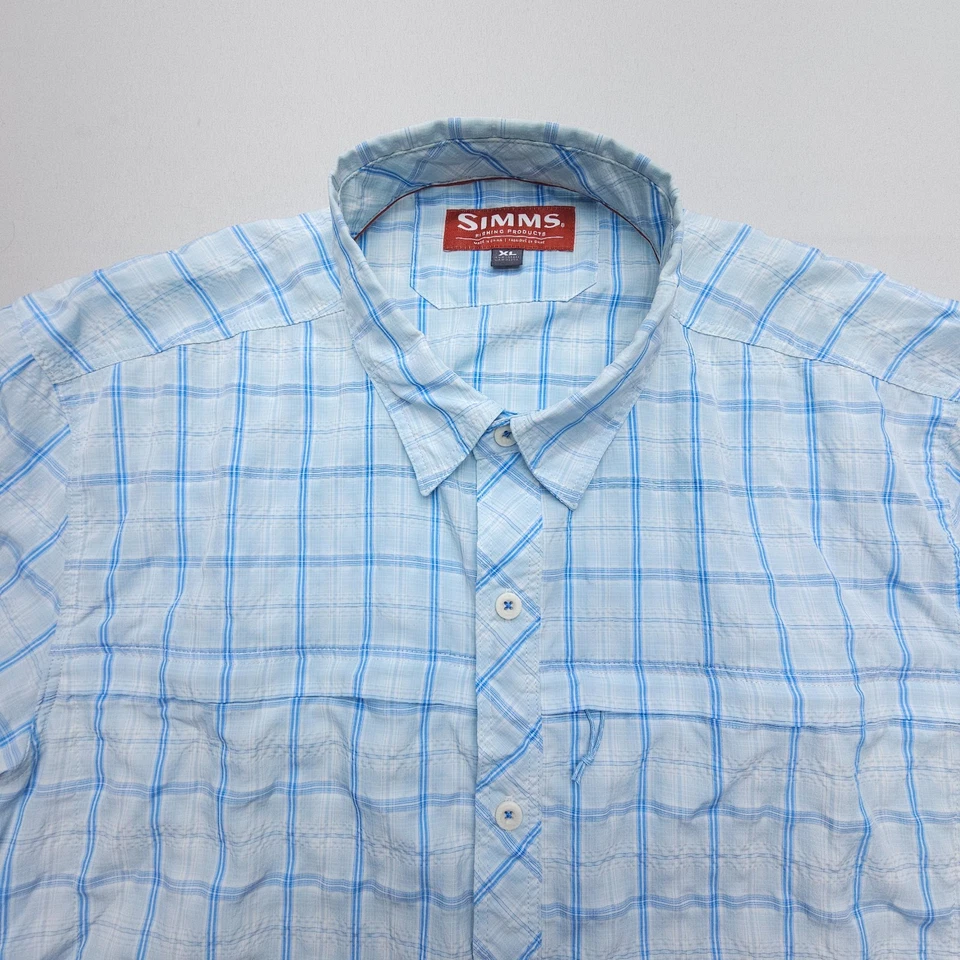 Simms Short Sleeve Fishing Shirt Mens XL Blue Hiking Lightweight Tech Plaid - Image 3 of 4