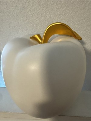 White Apple Ceramic Decor, Sculpture, White with Gold Stem & Leaf, Handmade