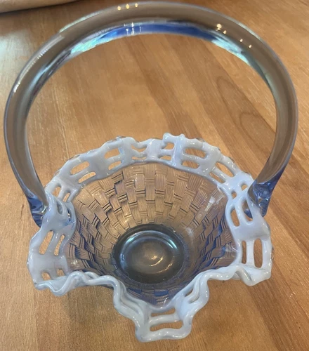 VINTAGE FENTON GLASS BLUE OPALESCENT BASKET WEAVE OPEN EDGE BASKET