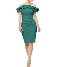 XSCAPE Emerald Green Ruffle Cold Shoulder Ruched Cocktail Dress Size 8 NWT