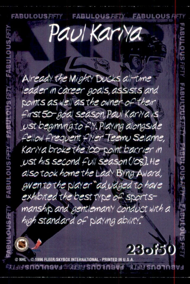 1996-97 Fleer NHL Picks Fabulous 50 Paul Kariya Anaheim Mighty Ducks #23 - Image 2 of 2