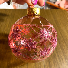 Pink Flower Textured Blown Glass Ball Christmas Ornament 3"