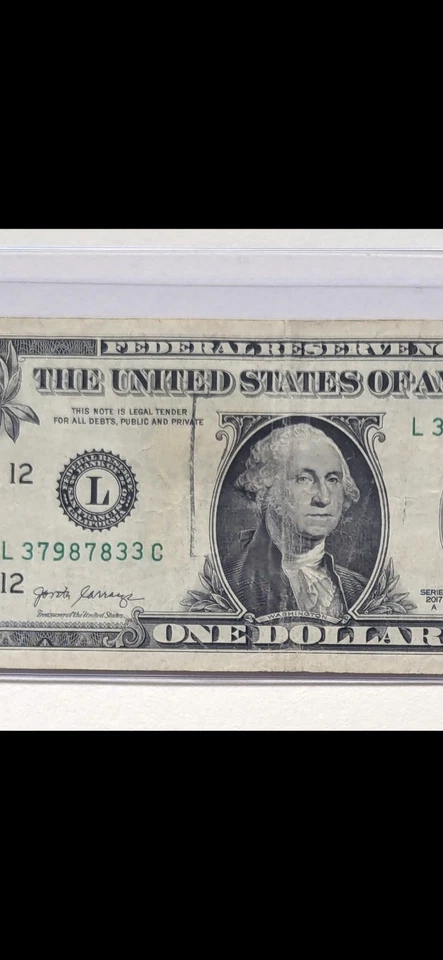 US One Dollar, 2017-A, $1 Federal Reserve Note, Ink Error On Obverse - Image 2 of 3