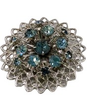 Vintage Blue Rhinestone Floral Filigree Brooch Silver Tone Starburst 2 in D