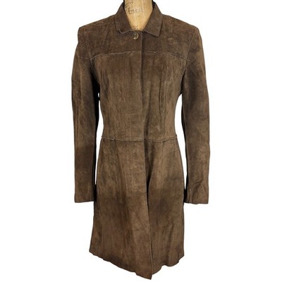 Anonymous John Carlisle Brown Suede Leather Trench Coat Womens Size Large