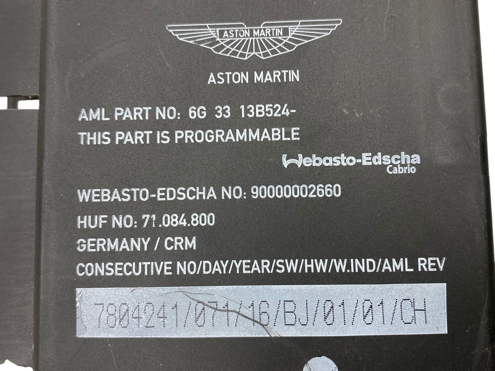 2009 Aston Martin Vantage Convertible Roof Control Module 6G33-13B524 Oem