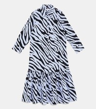 Zara Shirt Womens Dress Animal Zebra Print Cotton Midi Long Blue Black Viral S