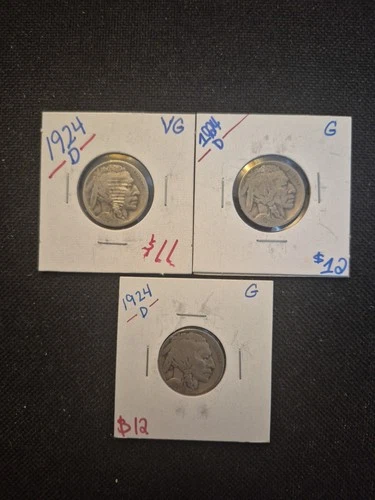 3 Rare Vintage 1924 D Buffalo Nickel Coins
