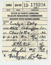 Vintage 1982 Charlotte North Carolina Fishing License  #R225