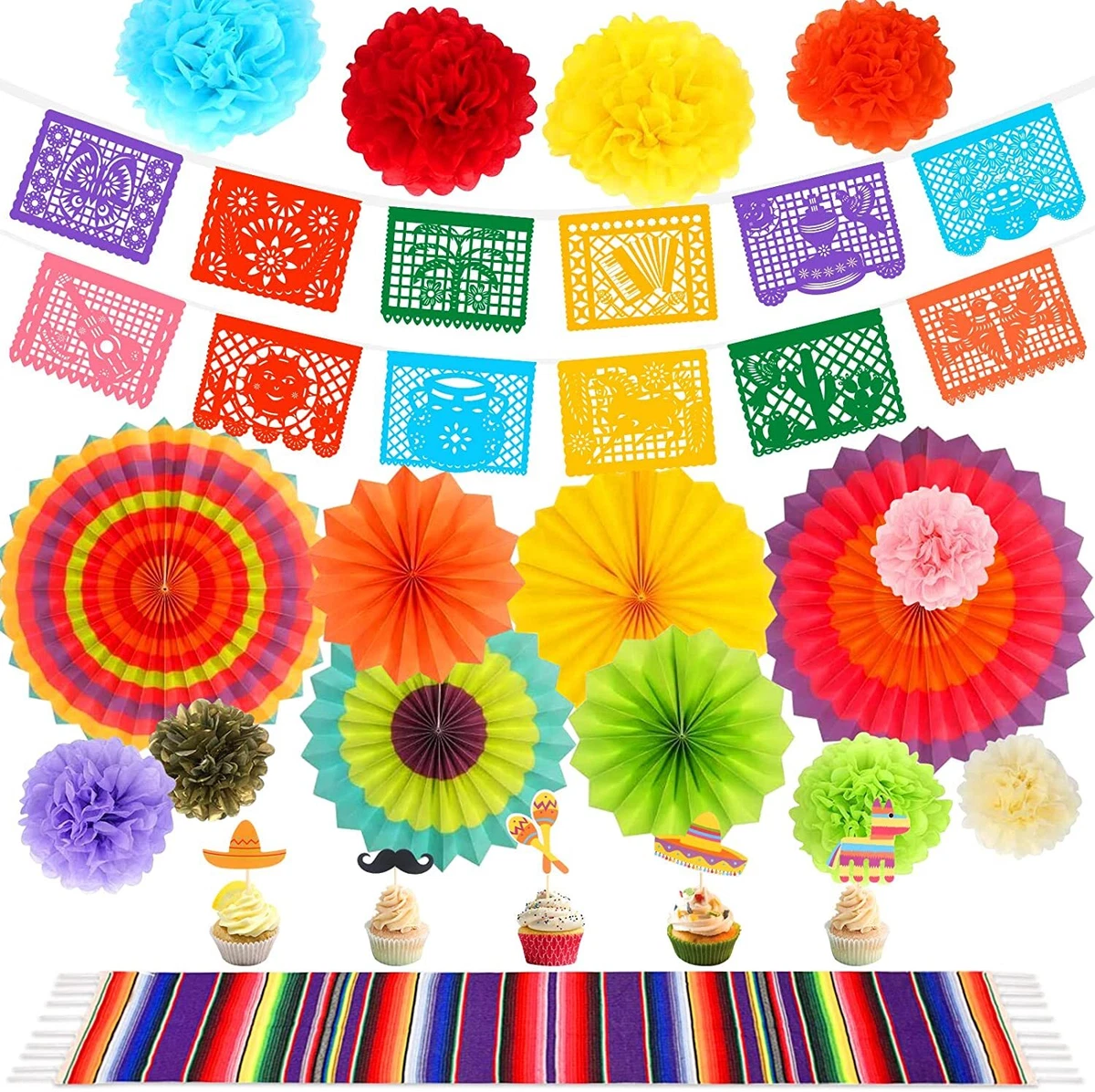 Mexican Themed Party Decorations Set Banner Table Runner Paper Fan