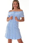 Damen hellblau 100 % weiches Leinen traditionelles (4) Taschen Guayabera Kleid-LLGD3011