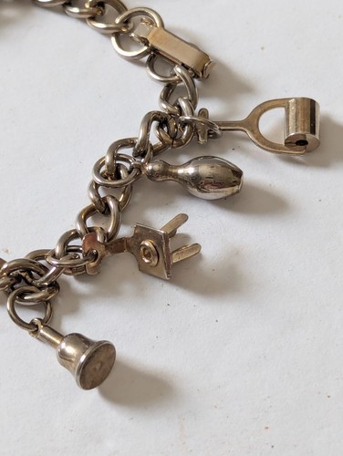 Vintage Coro Silver Tone Charm Bracelet 11 Charms Ladder Diary Scissors Chair - Picture 8 of 14
