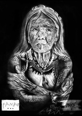 Apo Whang-Od Philippine Mambatok 10x13 Charcoal Portrait w/ RARE Full Autograph