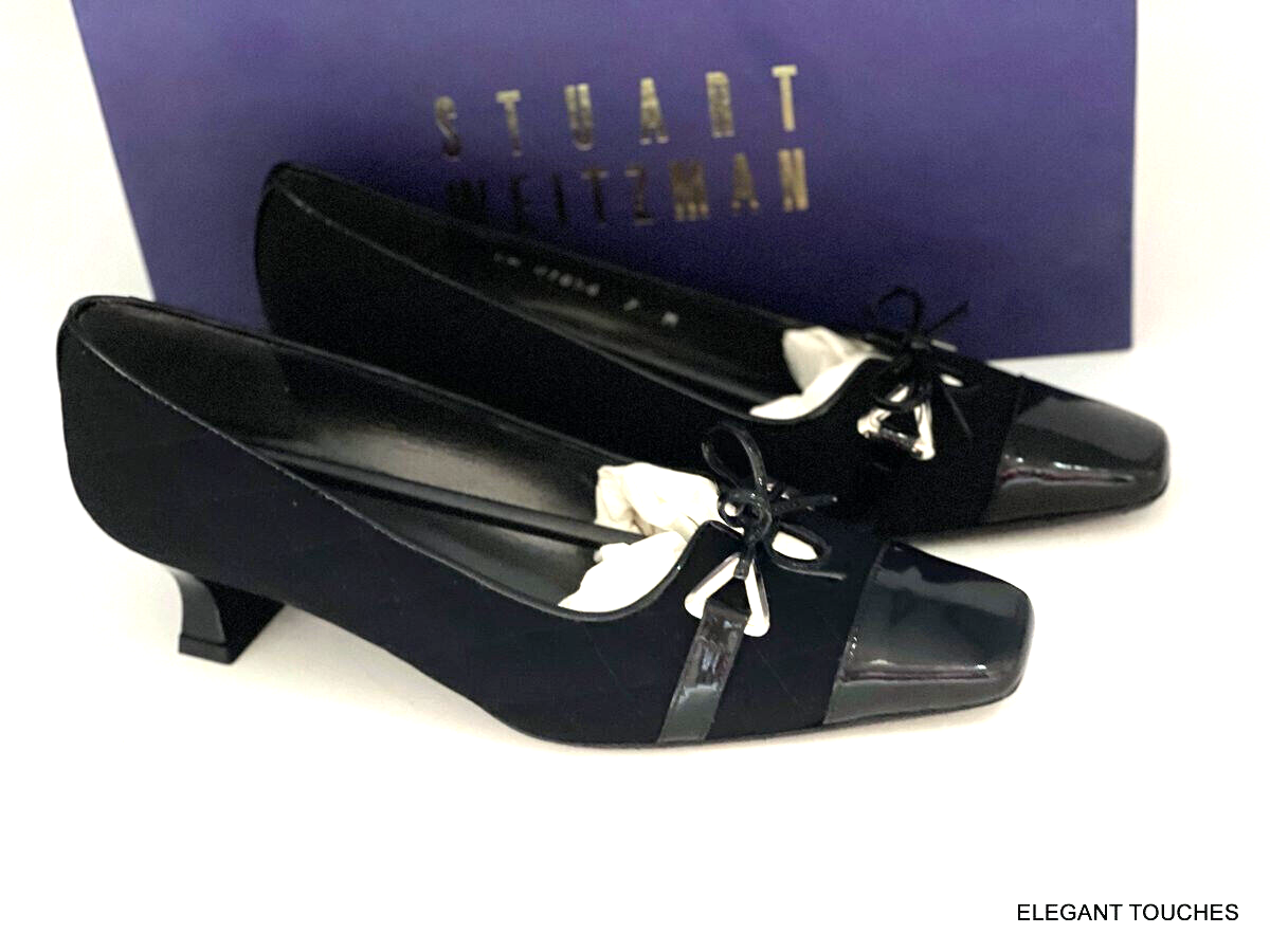 Stuart Weitzman Becca Quilted Fabric Black Kitten Heel Patent Leather Trim  7 M | eBay