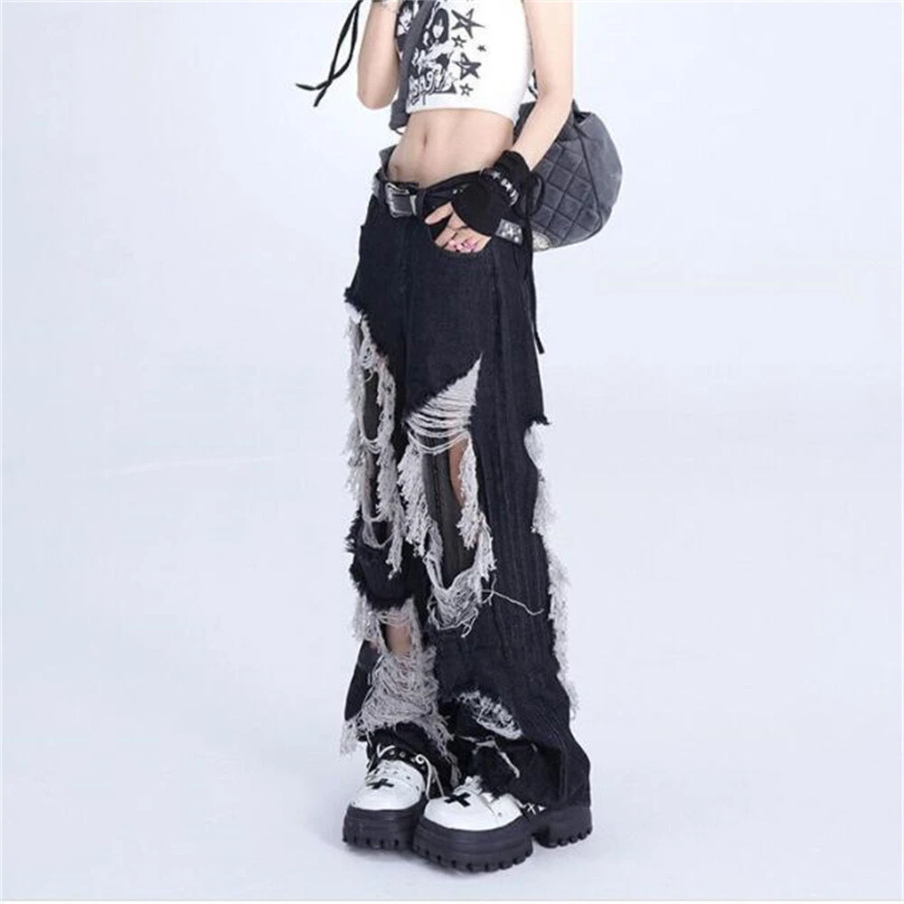 Punk Gothic Women Black Casual Baggy Loose Ripped Jeans Pants Trousers