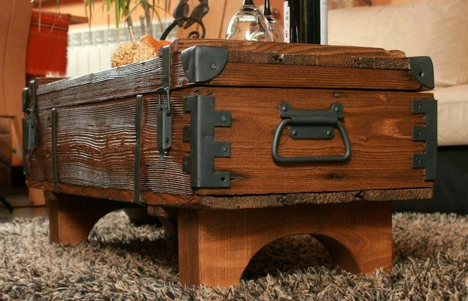 Coffee Table chest Storage table vintage wooden box travel trunk Lenght 97 cm - Image 2 of 4
